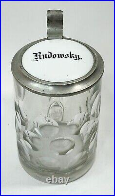 Rudowsky Cut Glass Pewter and Porcelain Inlaid Lid German. 5L Beer Stein c1890