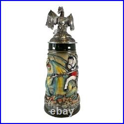 Rustic Medieval Knight Fighting Dragon with Dragon Lid LE German Beer Stein. 5 L