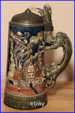 Saint Florian Puts Out Fire by Mettlach 1 L German beer stein antique # 1786