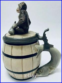 Schierholz & Sohn 91 Monkey On Barrel Antique German Beer Stein Herring Handle