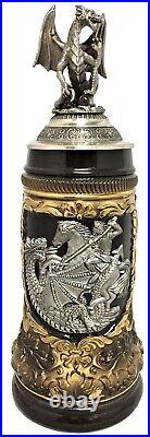 St. George the Dragon Slayer with Pewter Dragon Lid LE German Beer Stein. 5 L
