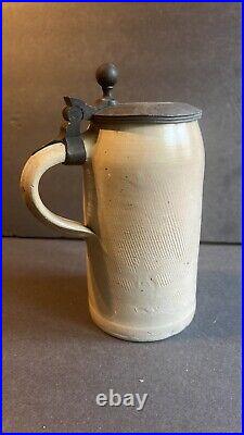 Tall Clay Earthenware Beer Stein Tankard Mug Lid Pewter German Textured Initial