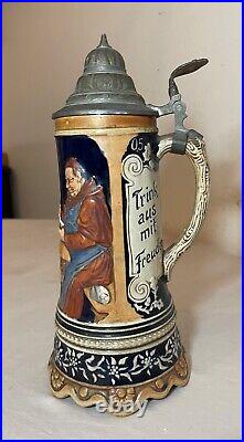 Tall vintage hand painted German pottery pewter lidded beer stein music box