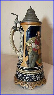 Tall vintage hand painted German pottery pewter lidded beer stein music box