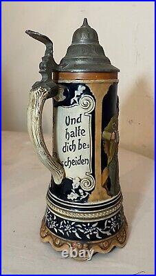 Tall vintage hand painted German pottery pewter lidded beer stein music box