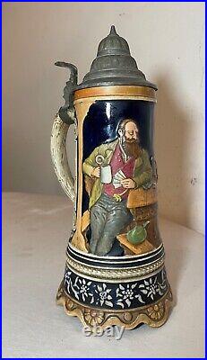 Tall vintage hand painted German pottery pewter lidded beer stein music box