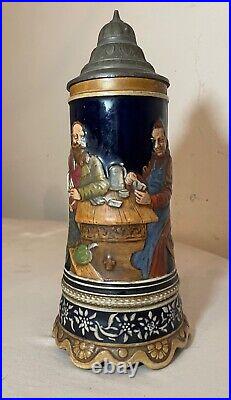 Tall vintage hand painted German pottery pewter lidded beer stein music box