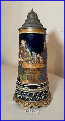 Tall vintage hand painted German pottery pewter lidded beer stein music box