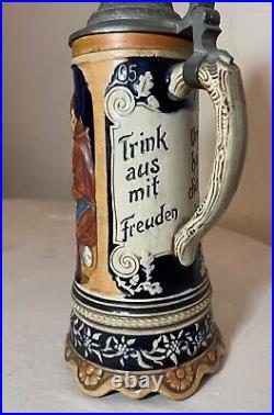 Tall vintage hand painted German pottery pewter lidded beer stein music box