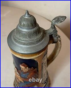 Tall vintage hand painted German pottery pewter lidded beer stein music box