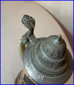 Tall vintage hand painted German pottery pewter lidded beer stein music box