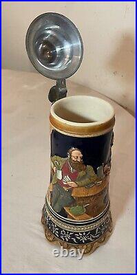 Tall vintage hand painted German pottery pewter lidded beer stein music box