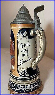 Tall vintage hand painted German pottery pewter lidded beer stein music box