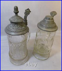 Two Antique German Pewter & Glass Beer Bier Lidded Stein 0.5L