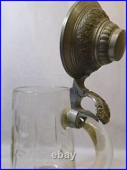 Two Antique German Pewter & Glass Beer Bier Lidded Stein 0.5L