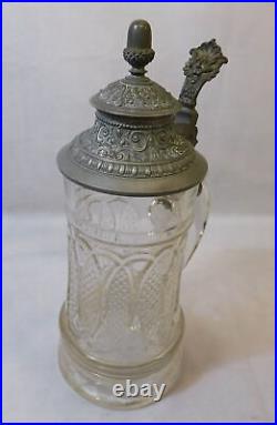 Two Antique German Pewter & Glass Beer Bier Lidded Stein 0.5L