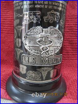 U. S. Medic German Porcelain Beer Stein, 1961- 2005 Pewter Lid and Rescue Statue