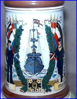 VINTAGE LITHOPHANE GERMAN KAISER ERA Navy Torpedo Boat MOTIF Lidded Beer Stein
