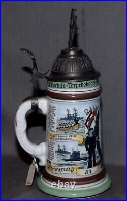 VINTAGE LITHOPHANE GERMAN KAISER ERA Navy Torpedo Boat MOTIF Lidded Beer Stein