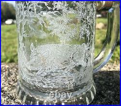 VTG. Antique German Hunting Beer Stein Wild BOAR DUCKS Etched GLASS & Pewter Lid