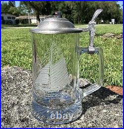 VTG. Antique German Sailboat Beer Stein COLUMBIA 1901 Etched GLASS & Pewter Lid
