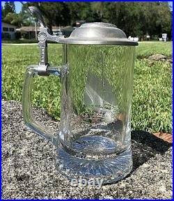 VTG. Antique German Sailboat Beer Stein COLUMBIA 1901 Etched GLASS & Pewter Lid