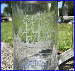VTG Antique German Sailboat Beer Stein SALEM SHIP 1786 Etched GLASS & Pewter Lid
