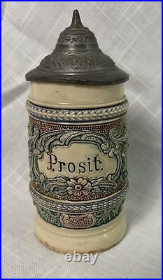 VTG Prosit German Beer Stein Floral Scroll Pewter Metal Hinged Lid