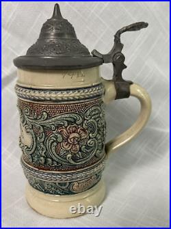 VTG Prosit German Beer Stein Floral Scroll Pewter Metal Hinged Lid