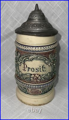 VTG Prosit German Beer Stein Floral Scroll Pewter Metal Hinged Lid