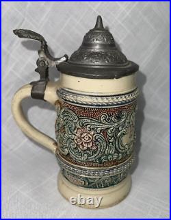 VTG Prosit German Beer Stein Floral Scroll Pewter Metal Hinged Lid