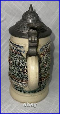 VTG Prosit German Beer Stein Floral Scroll Pewter Metal Hinged Lid