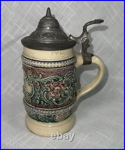 VTG Prosit German Beer Stein Floral Scroll Pewter Metal Hinged Lid