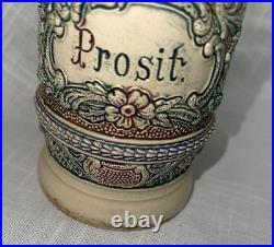 VTG Prosit German Beer Stein Floral Scroll Pewter Metal Hinged Lid