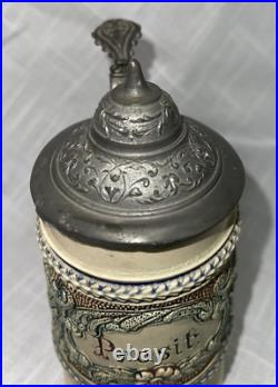 VTG Prosit German Beer Stein Floral Scroll Pewter Metal Hinged Lid