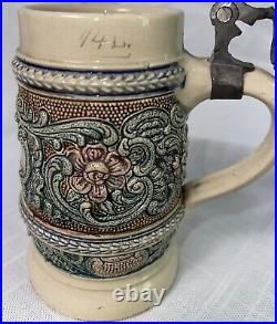 VTG Prosit German Beer Stein Floral Scroll Pewter Metal Hinged Lid