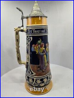 Very Large 3 Liter Vintage German Beer Stein Deeply Embossed Handpainted /31/