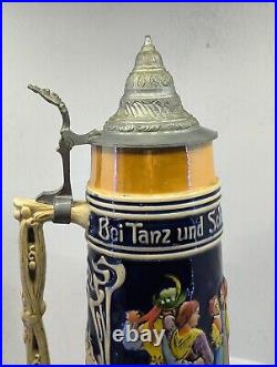 Very Large 3 Liter Vintage German Beer Stein Deeply Embossed Handpainted /31/