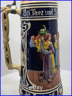 Very Large 3 Liter Vintage German Beer Stein Deeply Embossed Handpainted /31/