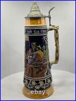 Very Large 3 Liter Vintage German Beer Stein Deeply Embossed Handpainted /31/