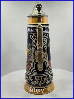 Very Large 3 Liter Vintage German Beer Stein Deeply Embossed Handpainted /31/