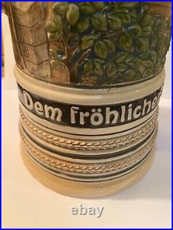 Very Large 3 Liter Vintage German Beer Stein Deeply Embossed Handpainted ST133
