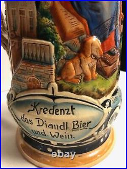 Very Large 3 Liter Vintage German Beer Stein/Pewter LidZither Player #1029ST44