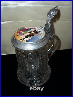 Vintage 1/2 Liter German Glass Beer Stein withHandpainted Porcelain & Pewter Lid