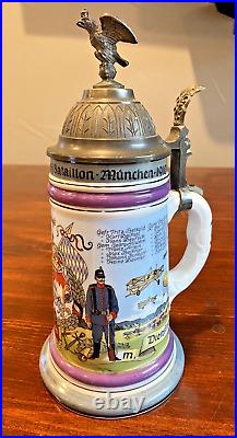 Vintage 1910 GERMAN Military Regimental Lithophane Beer Stein with Pewter Lid