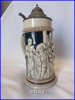 Vintage 1912 German Beer Stein Lidded Gesetzlich Geschutzt Embossed Monks 15L