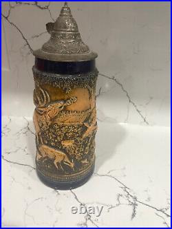 Vintage Antique Genuine German Pottery Beer Stein Deer with Fox Handle 12 Tall