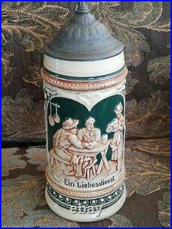 Vintage Beer Stein Mug Green White Metal Lid Ceramic Germany German Lidded Used