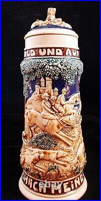 Vintage Ceramic Lidded German Beer Stein #21 Fox Hunting, Fox on Handle and Lid