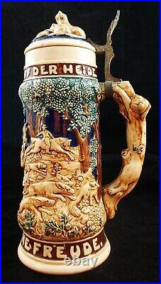 Vintage Ceramic Lidded German Beer Stein #21 Fox Hunting, Fox on Handle and Lid